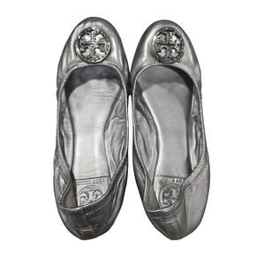 Tory Burch Silver Flats with Jeweled Logo